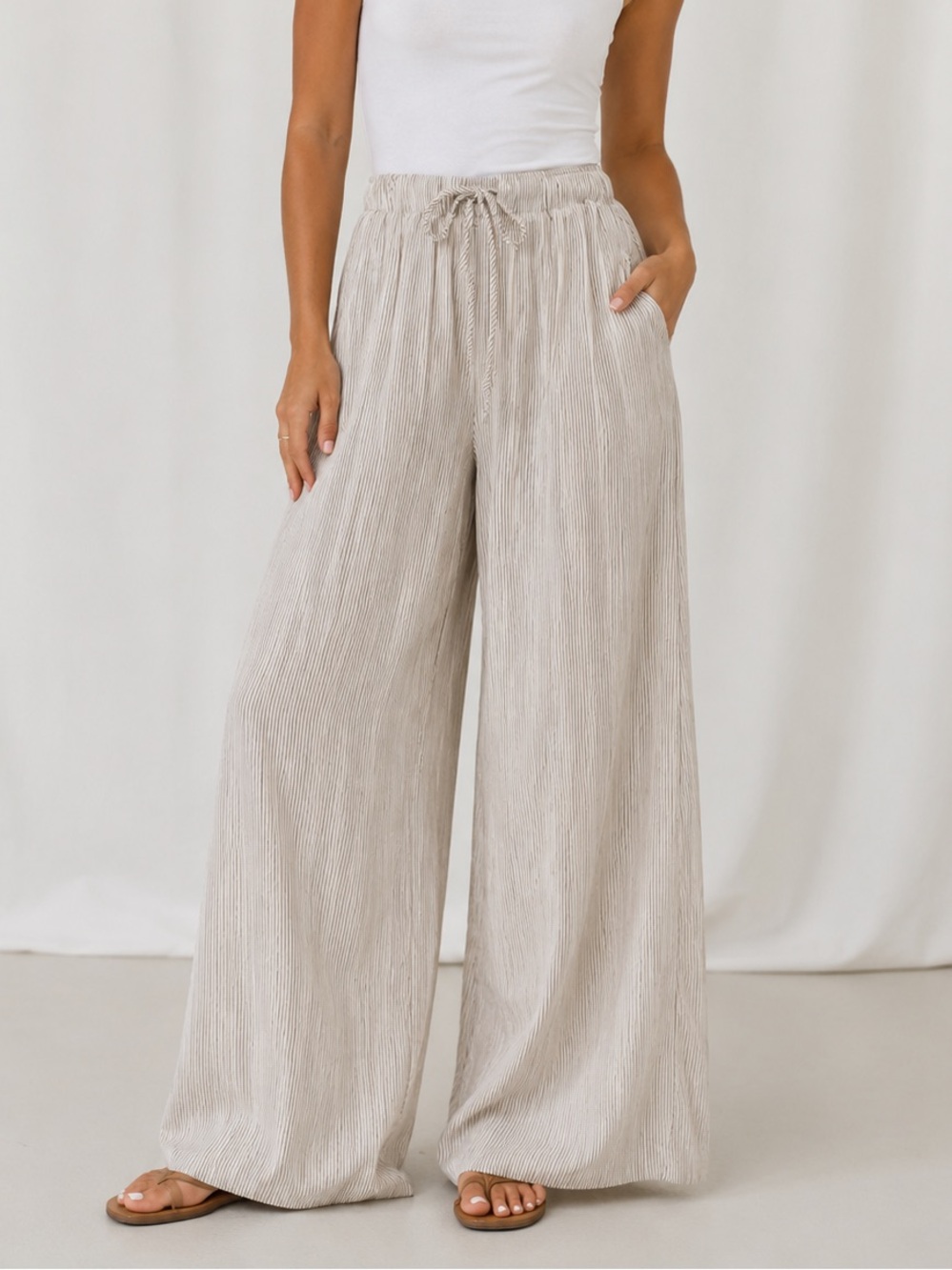 Ardene Cream and Brown Striped womans lined Wide Leg Pants flowy Lounge 1468